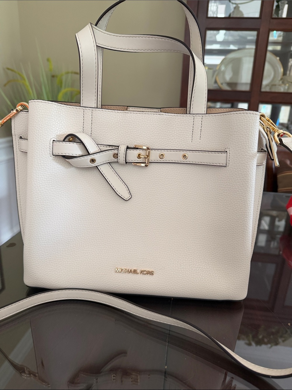 Michael Kors Cream Pebbled Leather Shoulder Tote with Gold Hardware